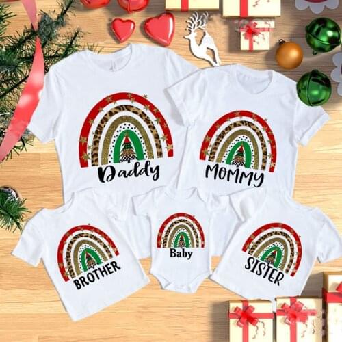 Rainbow Print Family Matching T-shirt Father Son and Mother Daughter Clothes Christmas Party Tee Tops White T Shirt Baby Romper