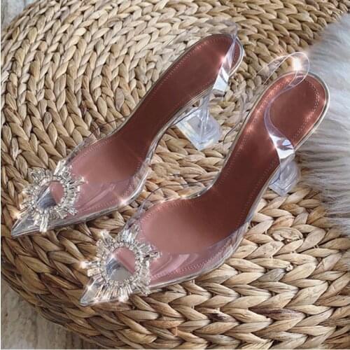 Pointed Toe Transparent Sandals Female Summer 2021 New Ankle-Strap Stilettos Rhinestone Sexy Closed Toe High Heels
