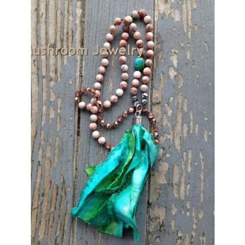 Pink jasper knot crystal bead turquoiseNecklace sari silk tassel necklace