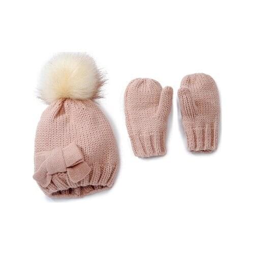 New Warm Cute baby Girl Monochrome Wool Childrens Hat Autumn Winter Lovely Bow Knitted Kids Hat + Warm Gloves Two Piece Set