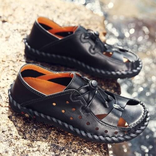 SHENCE Slippers Summer Shoes For Men Sandals Breathable Genuine Leather Driving Shoes Beach Hollow Hiking Shoes Plus Size 38-46