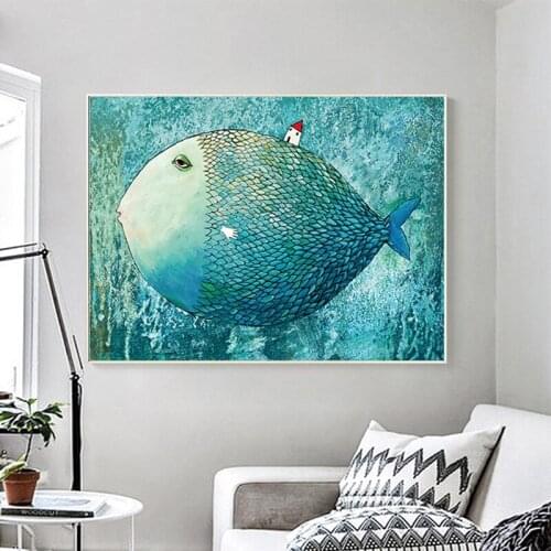 Nordic Cartoon House on The Fish Creative Canvas Painting Poster Prints Wall Art Picture Kids Bedroom Living Rome Home Decor