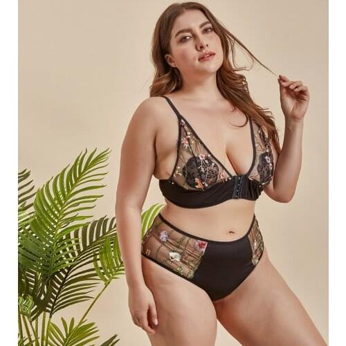 Sexy Women Lingerie Set Nightwear, See-Through Embroidery Lingerie, Floral Front Buckle Plush-up Bra, Sexy Briefs Suit