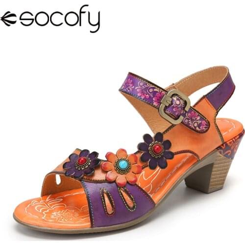 SOCOFY Women Retro Style Sandals Flowers Decor Splicing Colorblock Cut-out Genuine Leather Hook Loop Chunky Heels Sandals