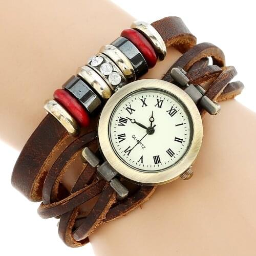 Gnova Platinum Women Genuine Leather Watch Old Vintage Fashion ETHNIC Rhinestones Braided Bracelet Quartz Wristwatch Reloj A747