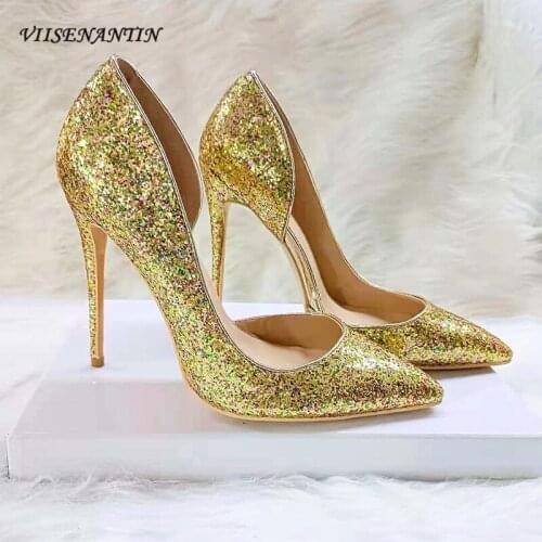 New Gold Sequins 12cm Side Space Shallow Mouth Pointed Stiletto Heels Sexy Banquet Womens Shoes Fashion All-match Single Shoes