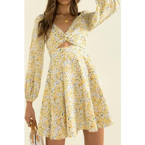 Women Print V Neck Hollow Out Dress Knot Tie Holiday A Line Long Sleeve Flower Dress Autumn 2021 Casual Beach Party Vestidos Hot