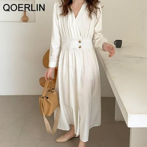 QOERLIN Minimalism Cotton Linen Dress Women Button Down Shirts Dress Korean Chic V-Neck Temperament Slim Long Sleeve White Dress