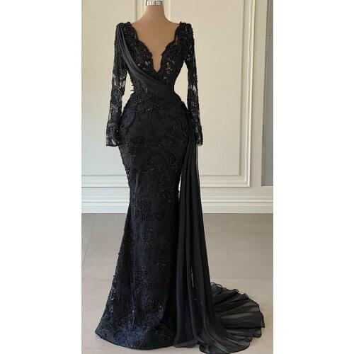 2021 Arabic Black Mermaid Prom Dresses Luxury Beading Sequined Lace Appliqued V Neck Women Plus Size Formal Evening Gowns