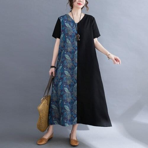 Johnature New Casual Patchwork V-neck Loose Women Dresses 2021 Summer Short Sleeve Simple Pockets Female Dress