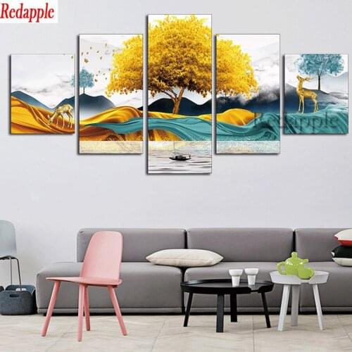 5 Pieces of Diamond Painting Golden deer, money tree Diamond Embroidery full square round drill new Living Room Home Decoration
