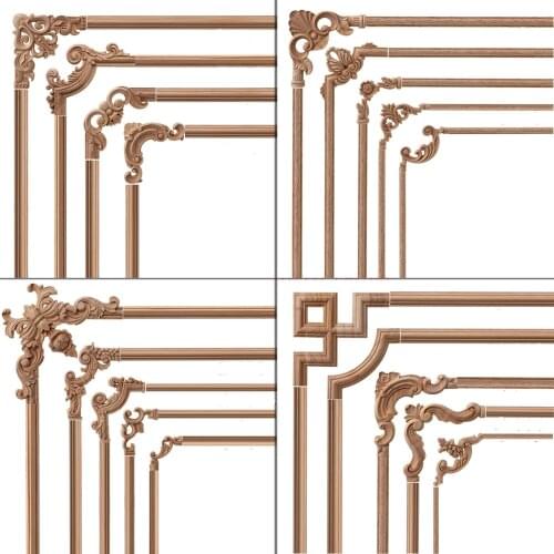 Rectangle Carving Natural Wood Appliques For Furniture Cabinet Unpainted Wooden Mouldings Decal Vintage Decoration Accessories