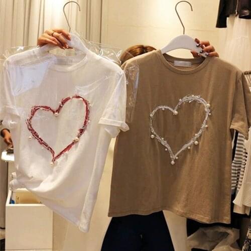 Heart Shape White Short-sleeved Heavy Work T-shirt Womens Summer Tee Designer Female Clothing Top Harajuku Kpop Tees