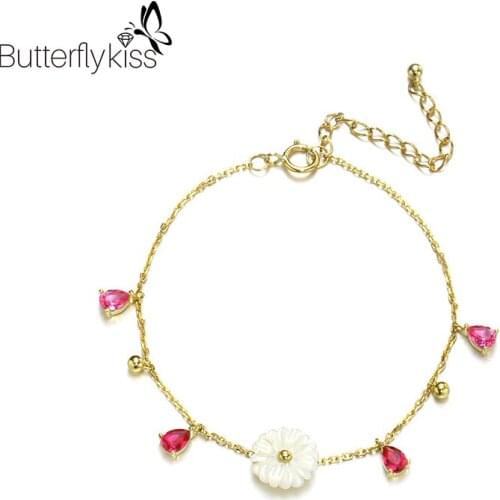 BK 9k Genuine Gold 585 Bracelets For Women 1.2g Shell Flower Red Water Drop Jewelry Gift To Girlfriend Unique Design Engagement