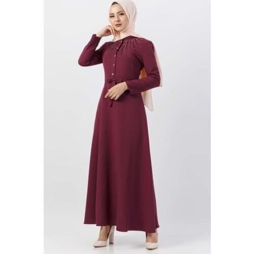 Boncuk Detaylı Tesettür Elbise TSD9612 Mürdüm