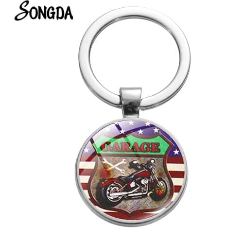 Garage Motorcycle Retro Photo Keychain USA Route 66 Flag Printed Glass Crystal Key Rings Exquisite Bag Trinkets Souvenir