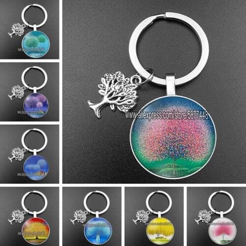 Colorful Tree of Life Glass Cabochon Keychain Beautiful Tree Pendent Key Ring Fashion Yellow Leaves of Trees Key Chain