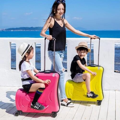 Childrens sit ride suitcase on wheels kids 20/24 inch slide rolling luggage travel wooden horse trolley case baby travel valise