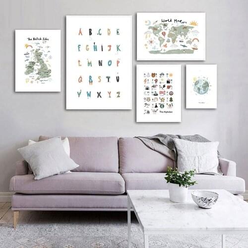 Animal Map Picture ABC Alphabet Animal Poster Nursery Pink Wall Art Canvas Print Painting for Kids Bedroom Playroom Home Decor