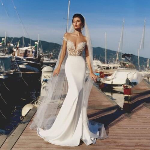 Sexy Mermaid Wedding Dresses 2021 Beach Vintage Illusion Off The Shoulder O-Neck Lace Bridal Gowns Simple New Vestidos De Novia