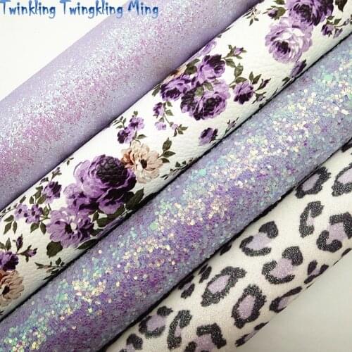 Purple Glitter leather, Flowers Leopard Printed Faux Leather Sheets Synthetic Leather For Bow A4 21x29CM Twinkling Ming KM223
