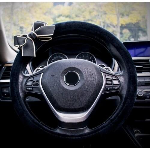 Fashion Black Bowknot Universal Car Steering Wheel Cover Winter Plush Steering Wheels Case Women Girls Auto Interior Decoration
