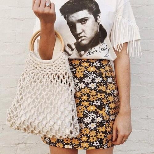 Casual Hollow Fishnet Straw Bags Rope Woven Women Handbags Wooden Round Handle Hand Bag Summer Beach Large Tote Shopper Purse