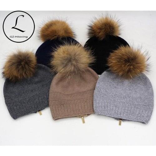 Beanies Cap Winter Knitted Hats With Zipper Adjusted Paisley Hat Fur Lady Real Raccoon Fur Pompom Hedging Cap Vrouwen Muts 6905