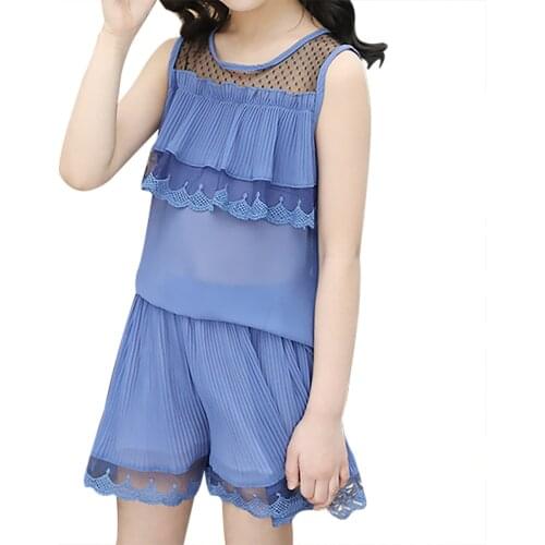 Chiffon Kids Girls Summer Clothes Sets Sleeveless Lace Tops And Shorts 2Pcs Set Children Clothing Casual Tracksuit Outfits 3-14Y