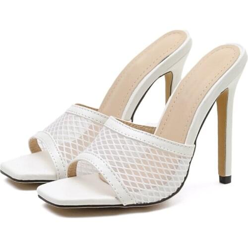 2021 New White black mesh slippers summer new sexy PU square head high heels party shoes fashion slip on slides mules shoes
