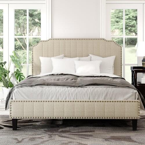 TWIN/FULL /KING/QUEEN Size Modern Linen Curved Upholstered Platform Bed Solid Wood Frame Nailhead Trim