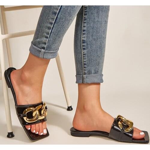 Donna-in 2021 New Summer Fashion Slippers for Women Metal Chain Flat Shoes Square Toe Female Casual Slippers