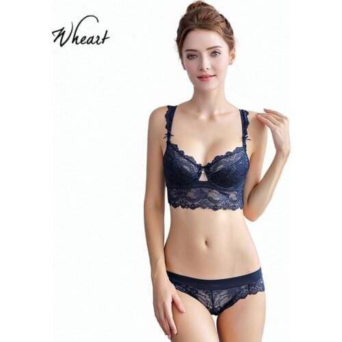 Wasteheart New Women Fashion Blue Sexy Lingerie Sets Push Up Cotton Panties Underwear Lace Trim Cotton Panties Bra Sets