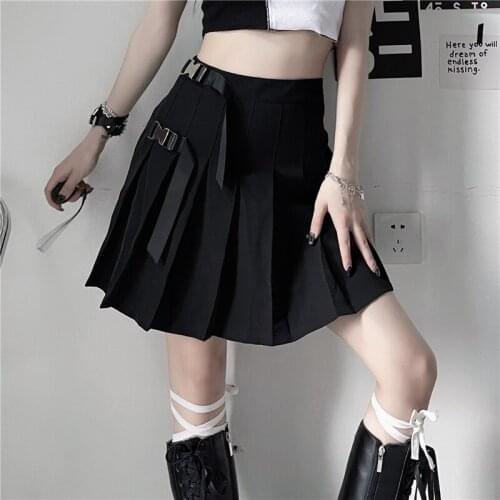 New Summer Harajuku High Waist Pleated Punk Black Skirt Cool Girls Casual Fashion A-Line Mini Skirt