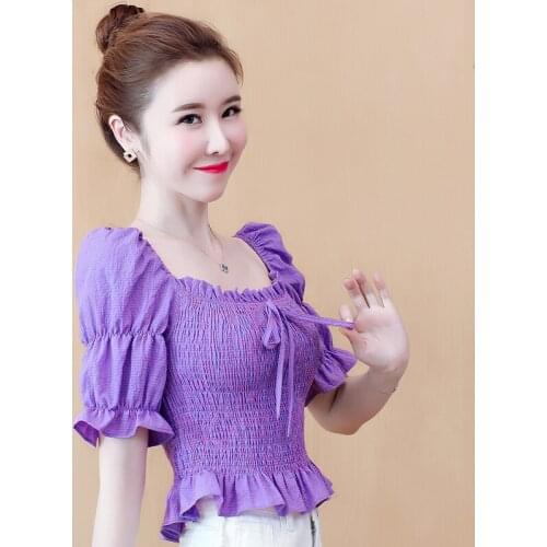 Plaid Purple Tunics Korean Fashion Summer WomenS Clothing Short Sleeve Vintage Shirts Blouse Top New Vetement Femme 2021 Female