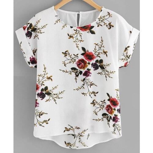 Women bloues Ladies Sexy O-neck Floral Print Casual Short Slim Sleeve Shirt Pullover Womens clothing Summer Streetwear Sweet