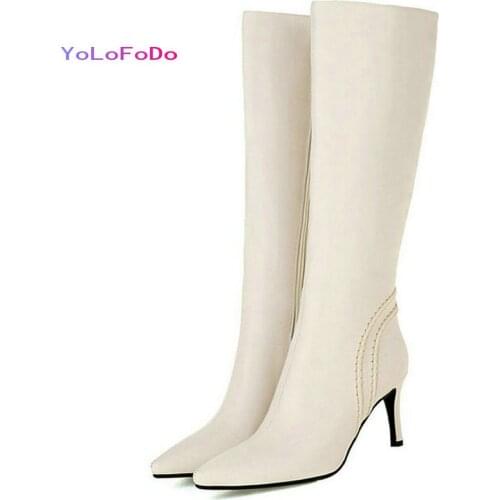2021 Autumn Winter Women Knee High Boots Pointed Toe Thin High Heel Ladies Party Boots Faux Leather Zipper Women Rubber Shoes