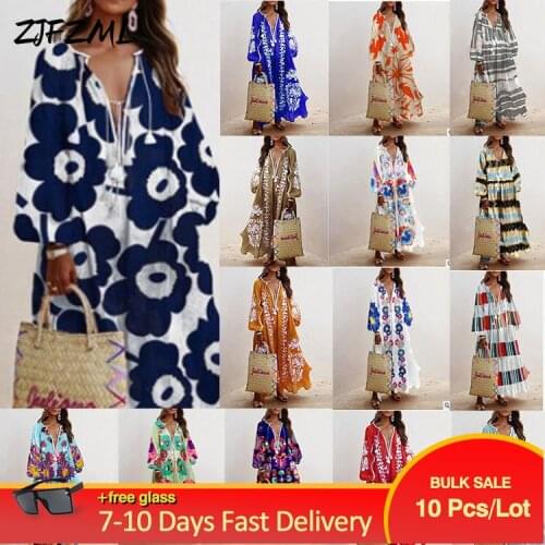 Bulk Items Wholesale Lots Womens Long Maxi Dresses Fashion Flower Print Long Lantern Sleeve Loose Robe Fall Autumn Holiday Robe