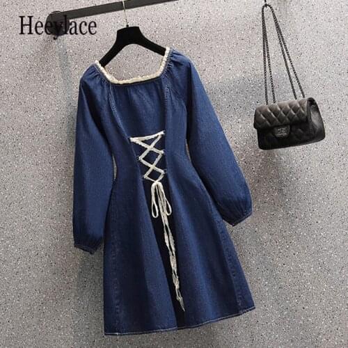 Plus Size 4XL Women Vintage Denim Blue Dress Long Sleeve Elegant Spaghetti Lace Square Collar Dresses 2021 Sweet Cute Clothing