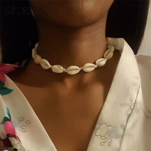 White Rope Natural Shell Necklace for Women Fashion Bohemian Cowrie Shell Pendant Necklace Choker Summer Beach Jewelry