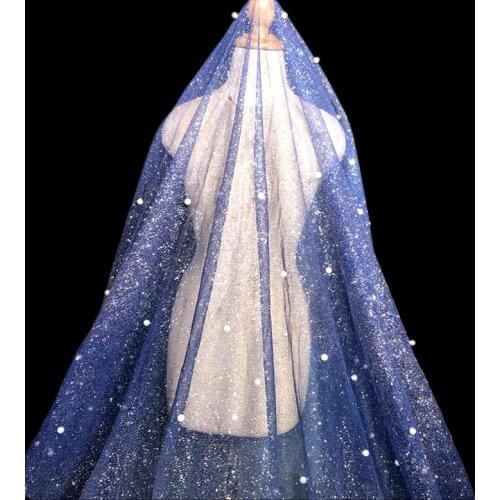 Starry sky blue gradual beads pearl silver flash powder gold mesh fabric performance dress wedding star decorative fabric