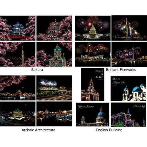 1Set 4pcs Scraping Painting Diy Scratch Art Paper Painting Paper Scraping Suit Children Hand Painted Tabletop Ornament Souvenir