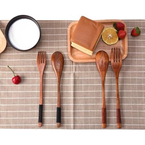 2 Pcs/set Wooden Cutlery Dessert Fork Spoon Set Retro Style Fruit Cake Coffee Food Tableware High Quality Home Tableware