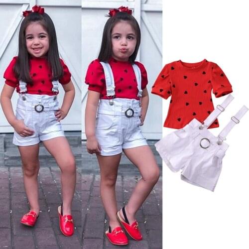 2020 Baby Girl Summer Clothing 1-6T Infant Kids Valentine Clothes Heart-shaped Top Shirt Bib Short Pants 2Pcs Set Outfit