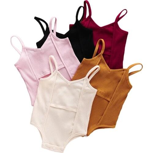 2021 0-12M Casual Infant Baby Girl Boy Romper Ribbed Cloth Solid Color V-neck Sleeveless One-piece Summer Playsuit