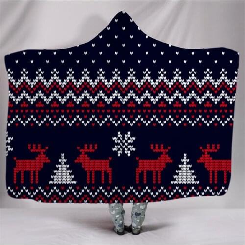 3D Christmas Pattern Hooded Blanket Sherpa Fleece Wearable Plush Throw Blanket On Bed Sofa Thick Warm