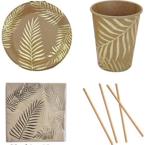 57pcs/set Gold Foil Disposable Tableware Napkin Tropical Palm Tree Leaves Paper Plates Cups Birthday Baby Shower Party Supplies
