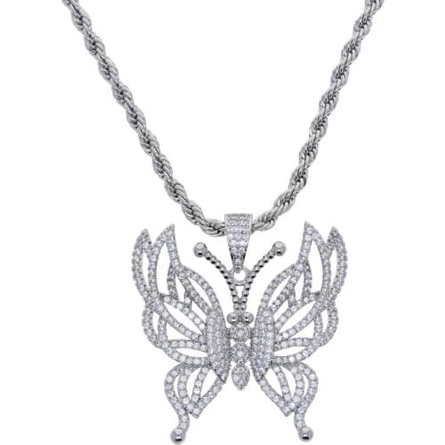 Sparking Fully Iced Out Crystal Pave Butterfly Pendant Cubic Zircon big large Butterfly charm Necklace Fashion hip hop Jewelry