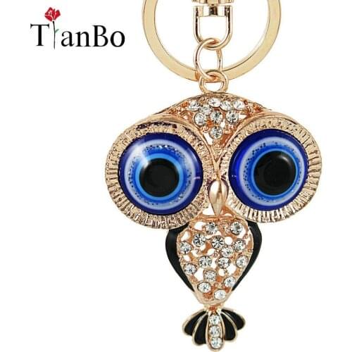 Gold color Blue Standing Hollowed Owl Pendant Key Chains For Women Men Charms Keyrings Car Keychain Key Chain jewelry