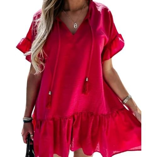 Black White Red Women Sundress Dress Short Sleeve Mini Dress V Neck Loose Belt Ruffle Lady Beach Party Street Wear Vestidos D30